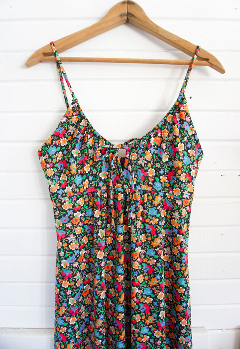 Vintage 1970s Black Floral Maxi Dress