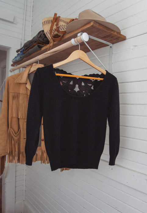 Christie Araujo Idylwild Vintage Black Angora Sweater Mesh Applique Cutouts