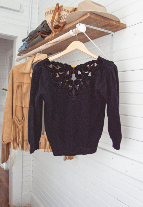 Idylwild Vintage Black Angora Sweater Mesh Applique Cutouts