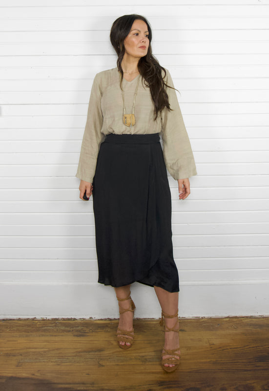 Idylwild Vintage Style Black Coal Drape Wrap Midi Skirt Christie Araujo