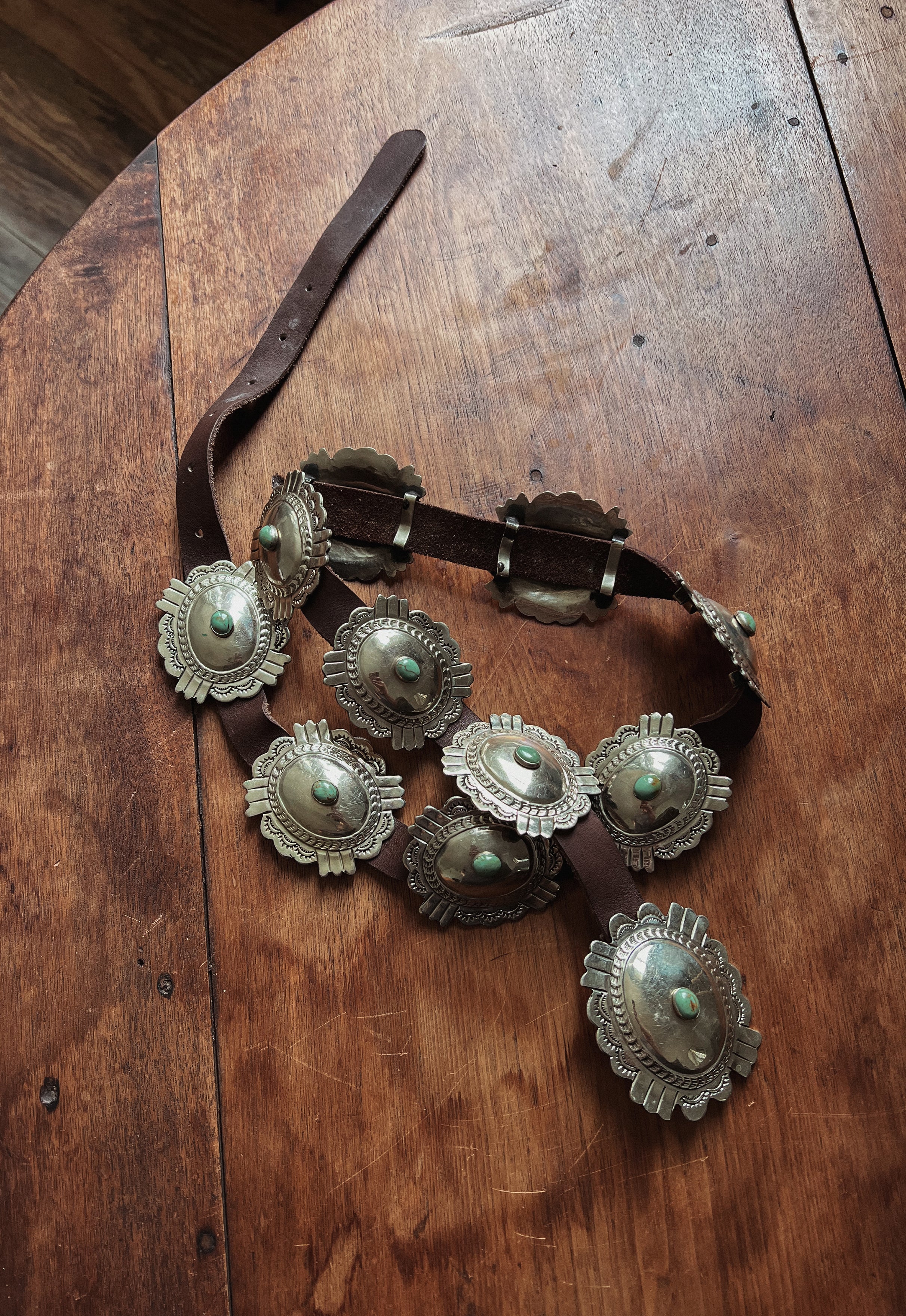 Christie Araujo Vintage Silver and Turquoise Concho Belt on Tobacco Leather
