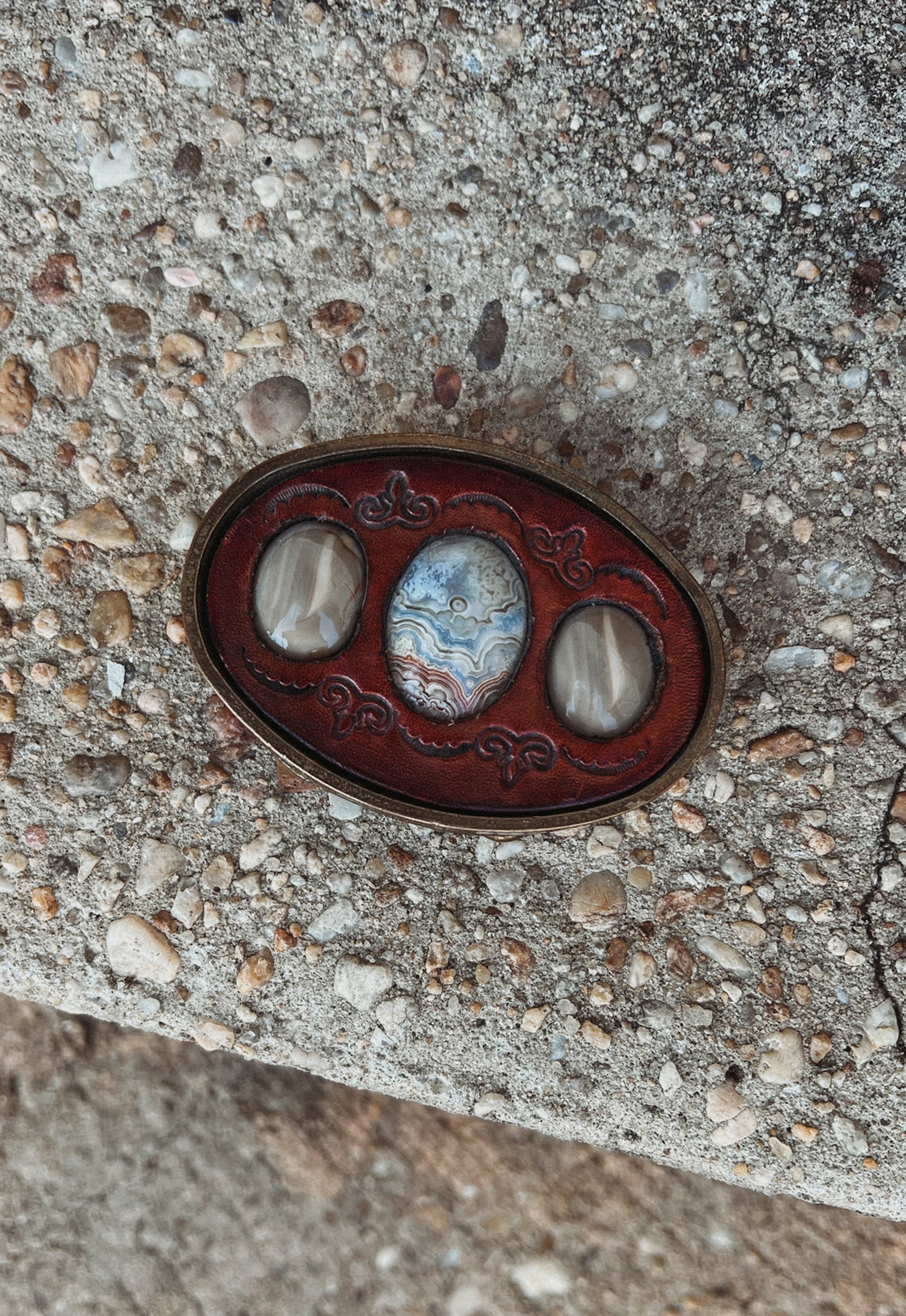 Crazy Lace Agate and Banded Agate and Tooled Leather Belt Buckle Idylwild Vintage