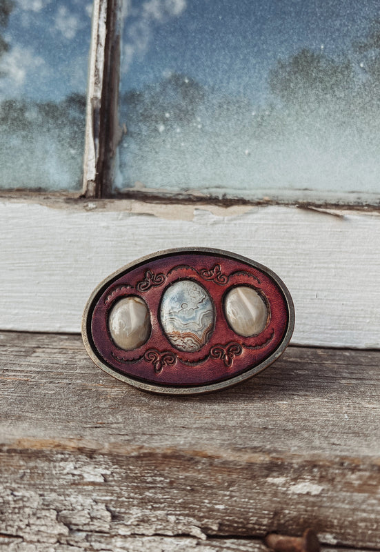 Crazy Lace Agate and Banded Agate and Tooled Leather Belt Buckle Idylwild Vintage