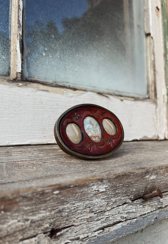 Crazy Lace Agate and Banded Agate and Tooled Leather Belt Buckle Idylwild Vintage