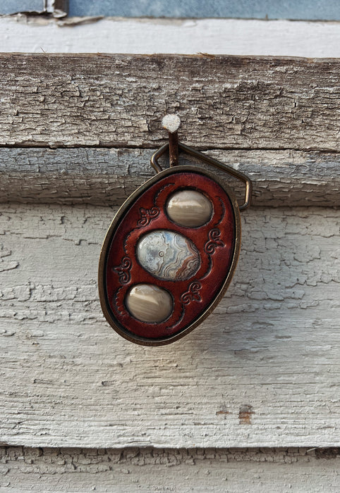 Crazy Lace Agate and Banded Agate and Tooled Leather Belt Buckle Idylwild Vintage