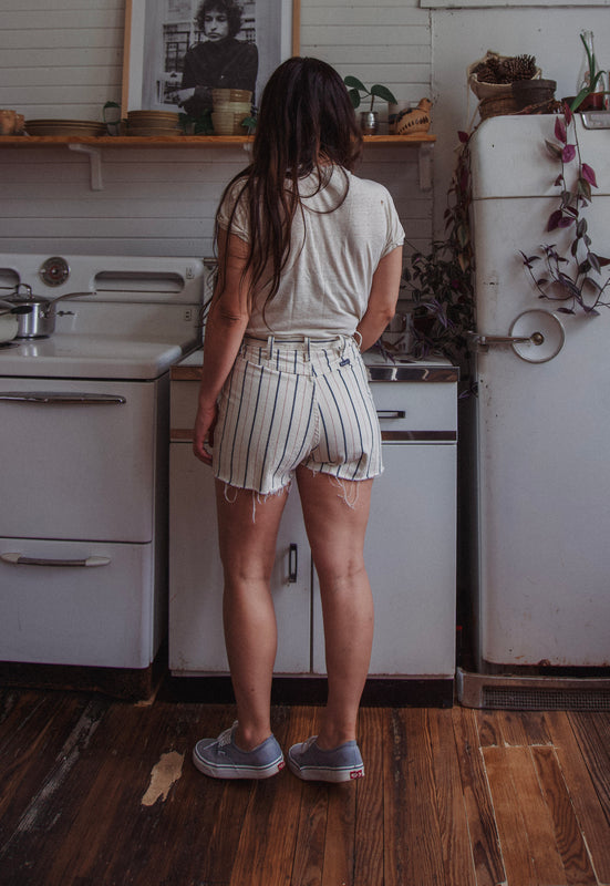 Vintage Wrangler Bareback high waist Cut off shorts in Ecru stripe Christie Araujo