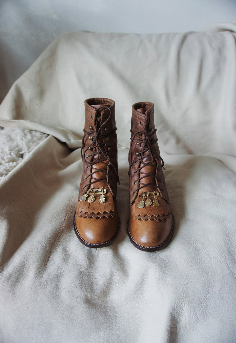 Vintage Buttery Brandy Leather Lace Up Kiltie Boots Women's Sz. 10