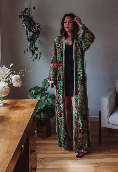 Christie Araujo Vintage Idylwild Floor length green velvet Duster Heyoka Bag