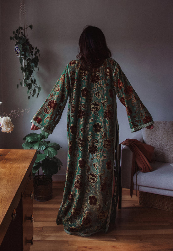 Christie Araujo Vintage Idylwild Floor length green velvet Duster Heyoka Bag