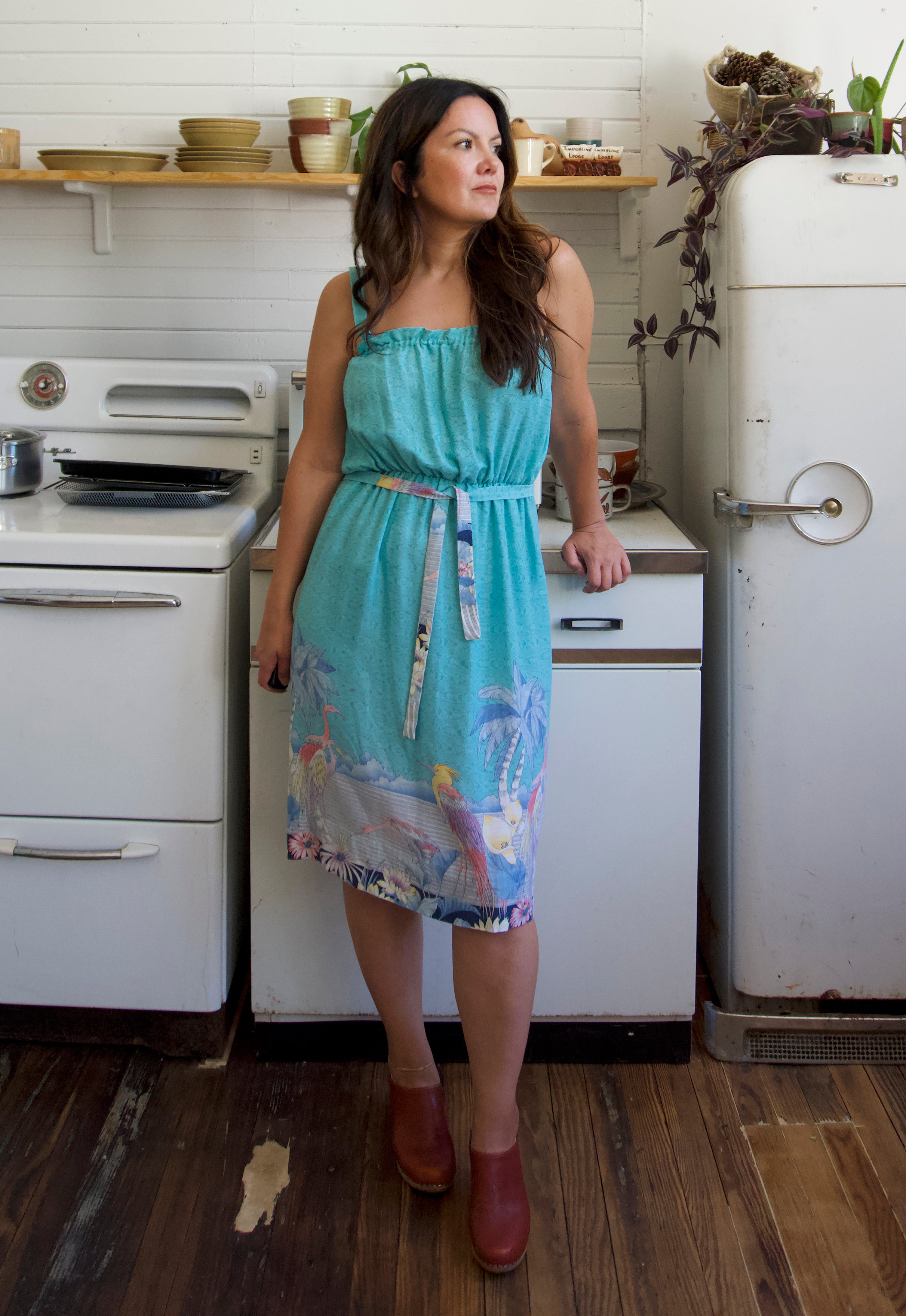 Christie Araujo Turquoise Miami Florida Vintage 70s Great Blue Heron Flamingo Dress