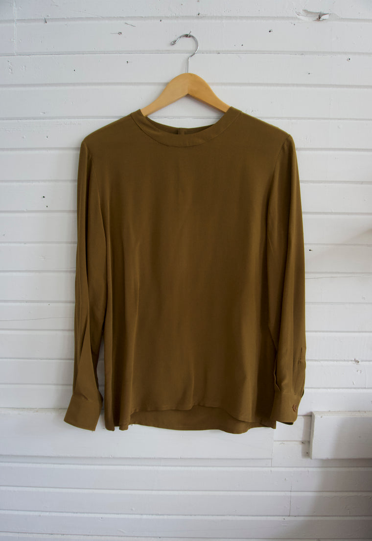 Olive 100% Silk Long Sleeve Blouse