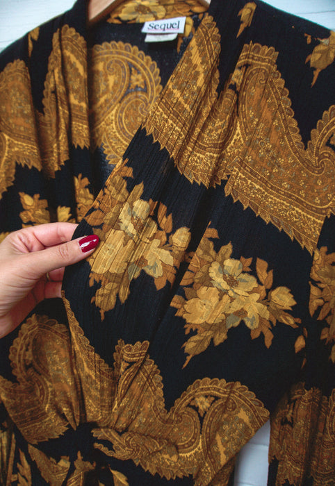 Vintage Idylwild Woods Kimono Style Rayon Gold Paisley Wrap Top