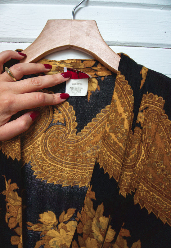 Vintage Idylwild Woods Kimono Style Rayon Gold Paisley Wrap Top