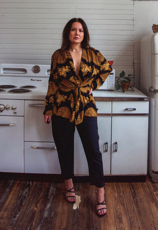 Christie Araujo Vintage Idylwild Woods Kimono Style Rayon Gold Paisley Wrap Top