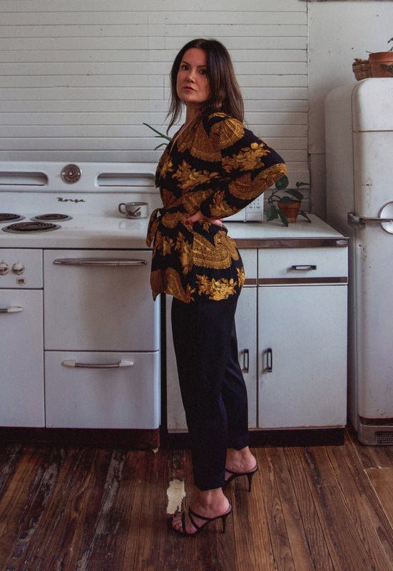 Christie Araujo Vintage Idylwild Woods Kimono Style Rayon Gold Paisley Wrap Top
