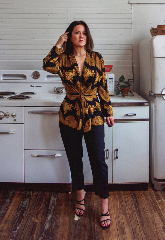 Christie Araujo Vintage Idylwild Woods Kimono Style Rayon Gold Paisley Wrap Top