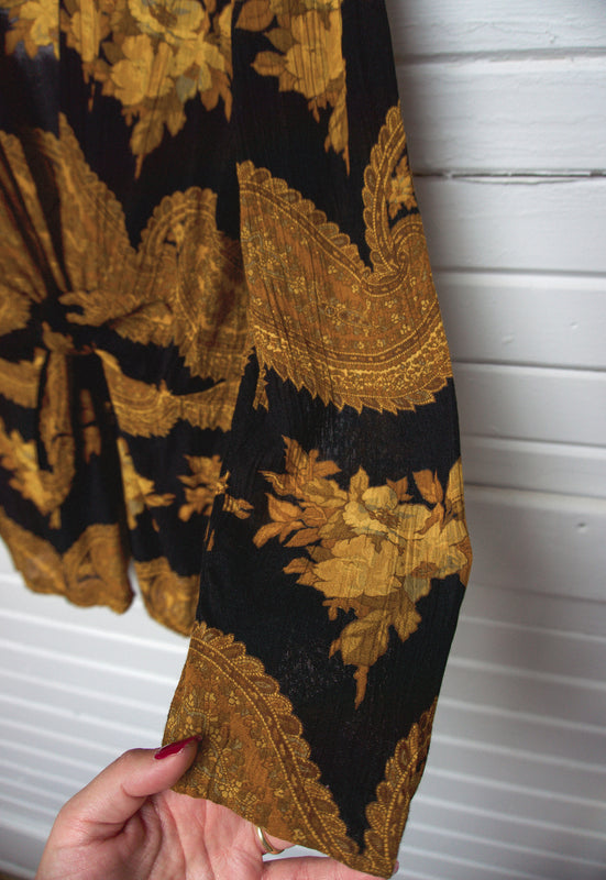 Vintage Idylwild Woods Kimono Style Rayon Gold Paisley Wrap Top
