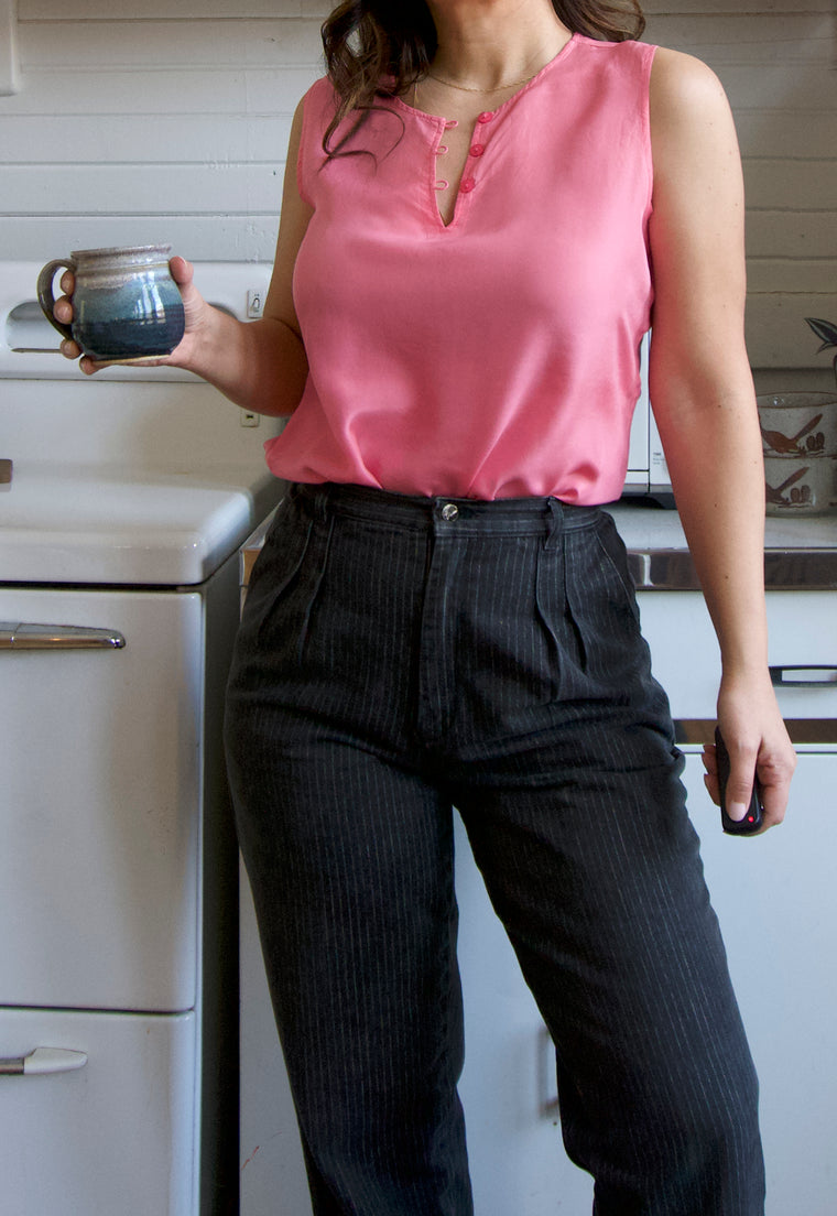 Bright Geranium Pink 100% Silk Vintage Henley Tank