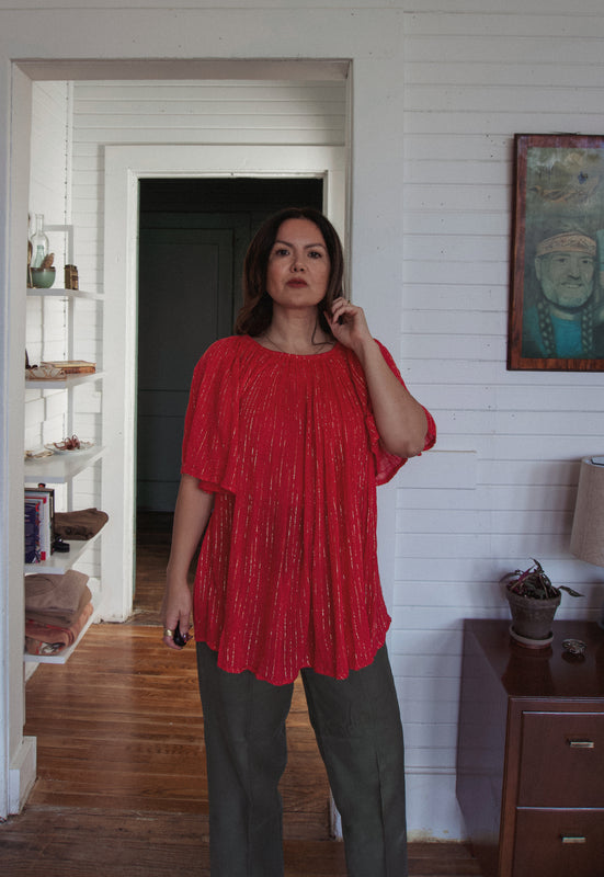 Christie Araujo Idylwild Vintage Cotton Gauze Red Lurex Dress Top