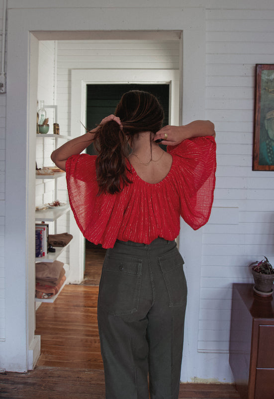 Christie Araujo Idylwild Vintage Cotton Gauze Red Lurex Dress Top