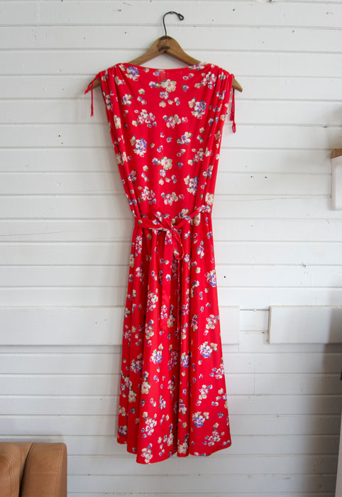 Vintage 70s Tomato Red Floral Wrap Dress