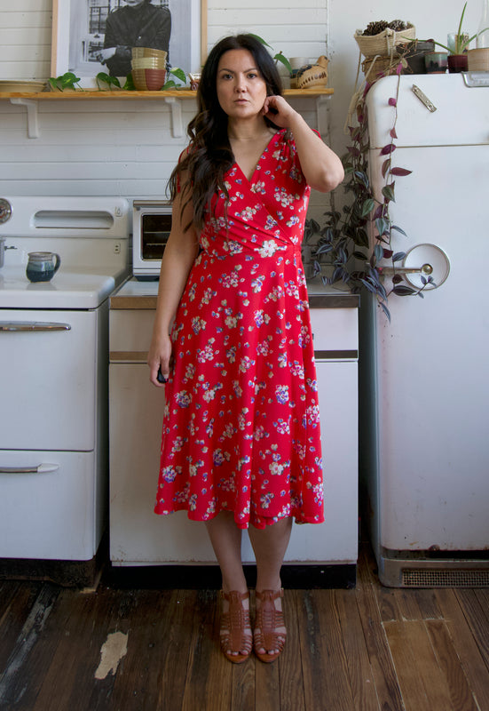 Vintage 70s Tomato Red Floral Wrap Dress