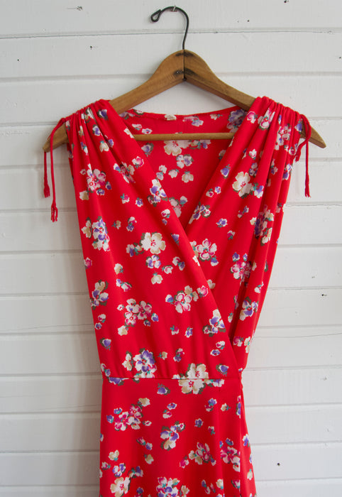 Vintage 70s Tomato Red Floral Wrap Dress