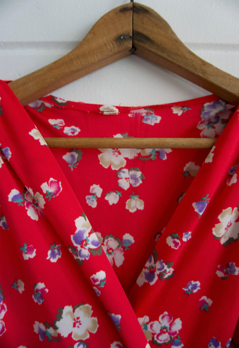 Vintage 70s Tomato Red Floral Wrap Dress
