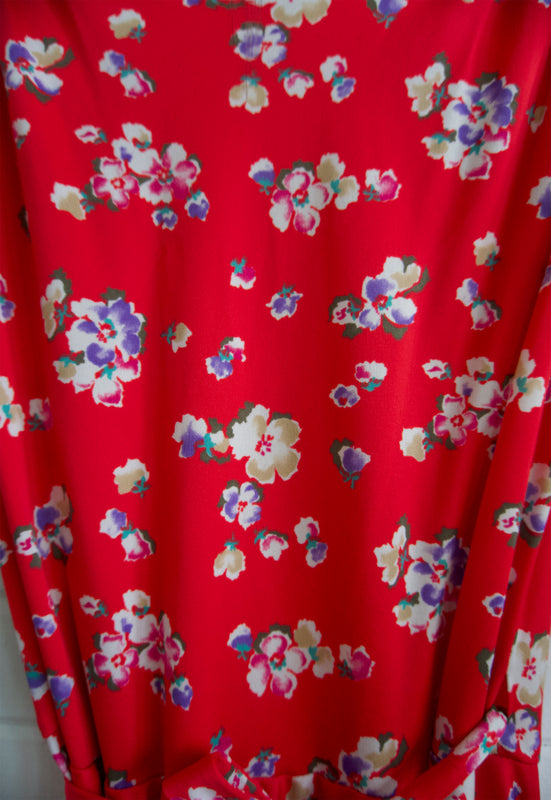 Vintage 70s Tomato Red Floral Wrap Dress