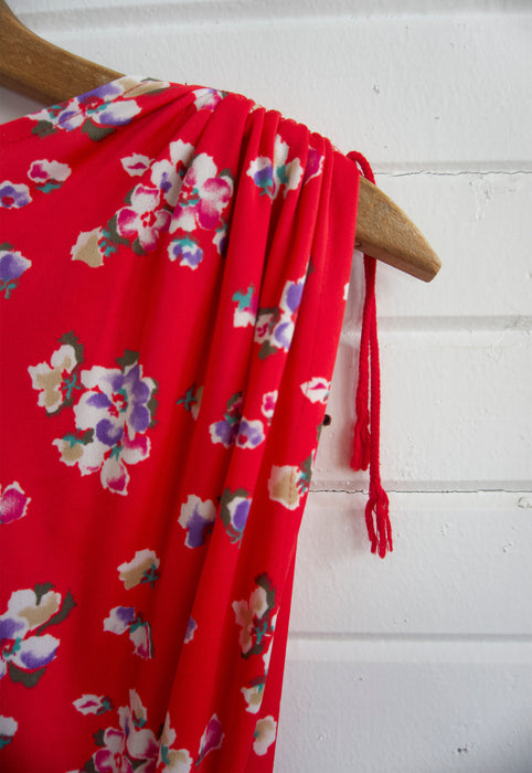 Vintage 70s Tomato Red Floral Wrap Dress