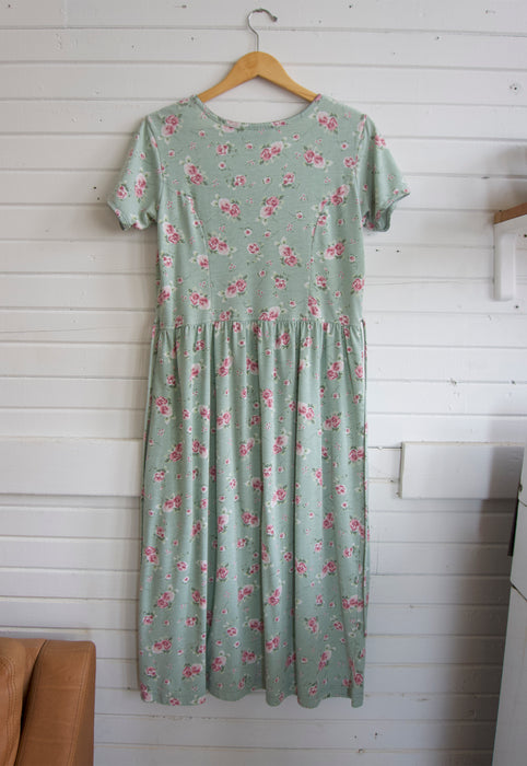 Sage Floral Square Neck Vintage Jersey Knit Dress