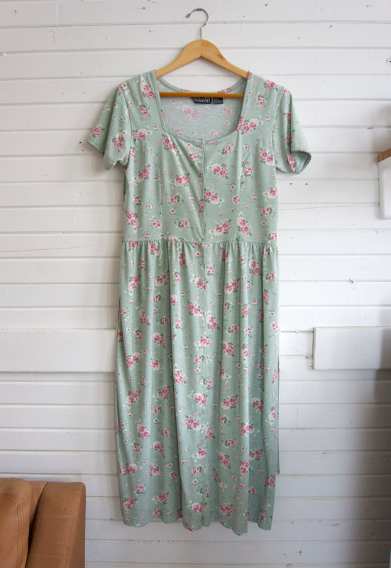 Sage Floral Square Neck Vintage Jersey Knit Dress