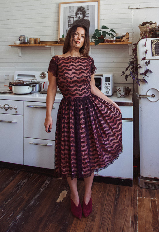 Vintage 1950's Burgundy Lace Cocktail Dress