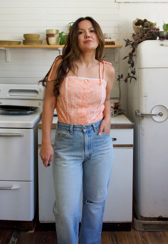 Christie Araujo Idylwild Vintage Southern Peach Prairie Cottagecore Shoulder Ties Vintage Camisole