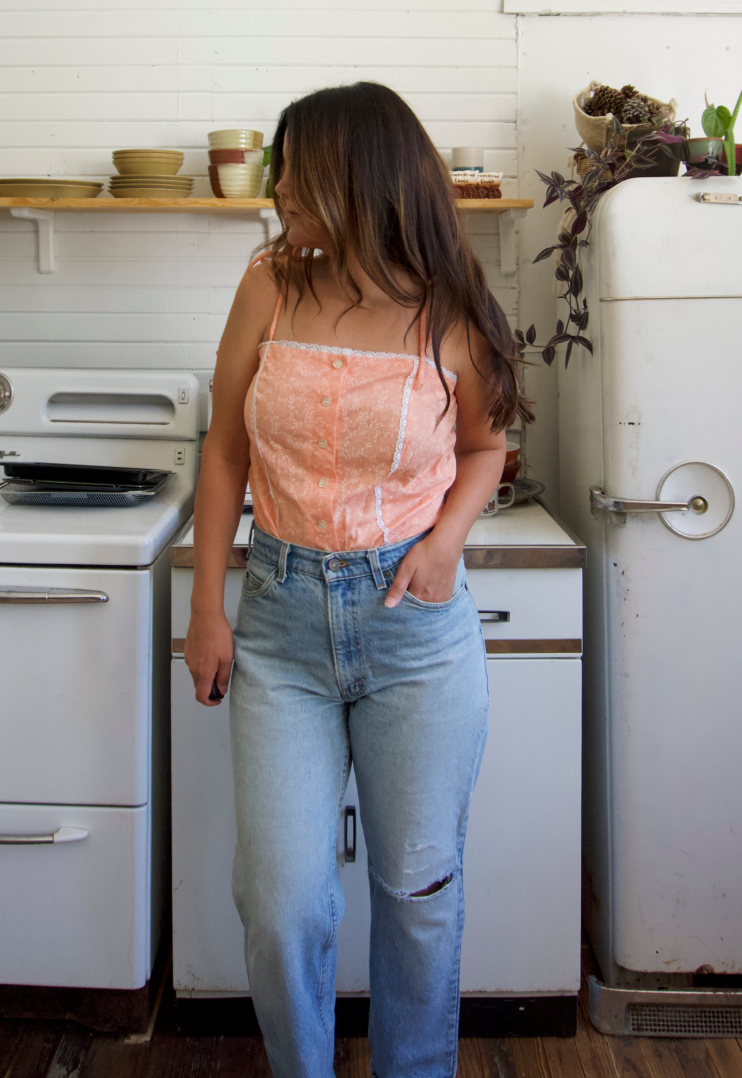 Christie Araujo Idylwild Vintage Southern Peach Prairie Cottagecore Shoulder Ties Vintage Camisole