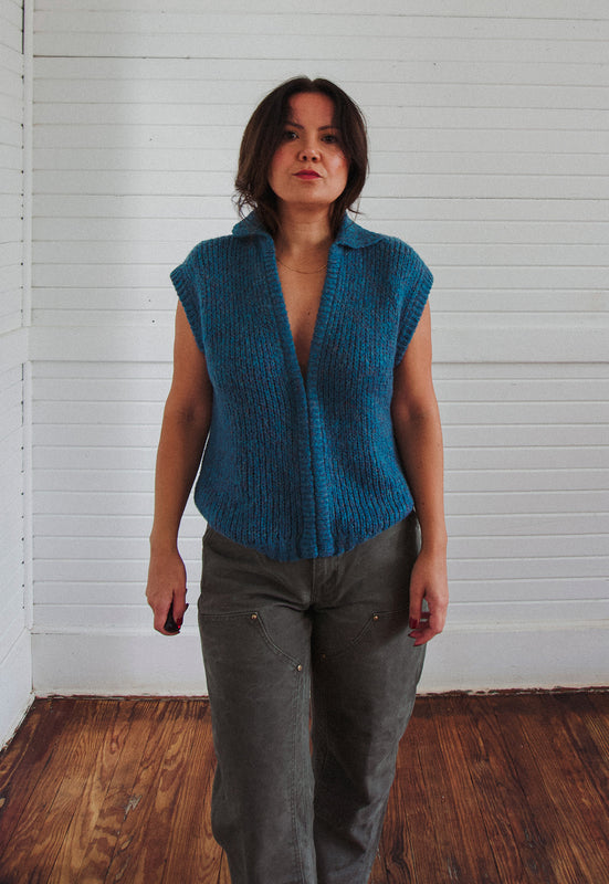 Christie Araujo Idylwild Vintage deep ocean melange sleeveless sweater teal chunky knit