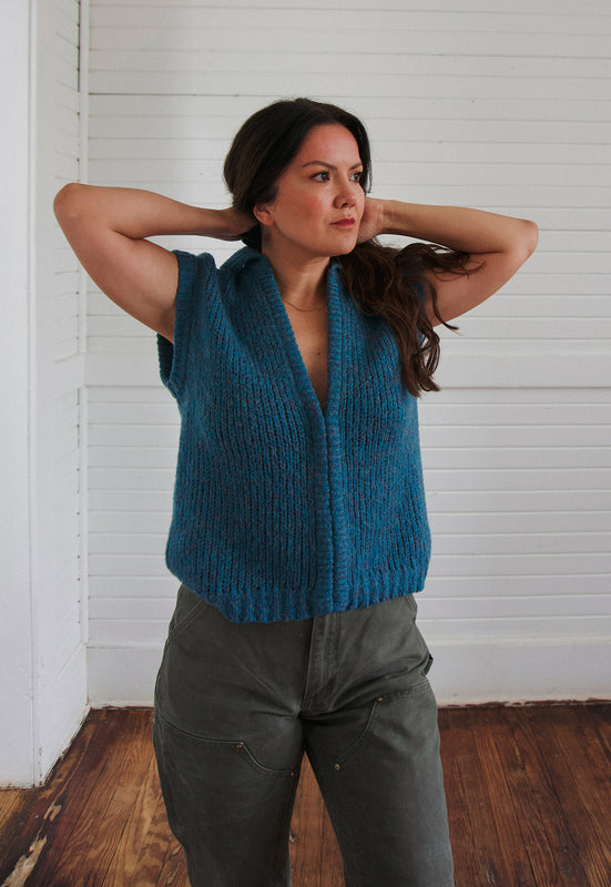 Christie Araujo Idylwild Vintage deep ocean melange sleeveless sweater teal chunky knit