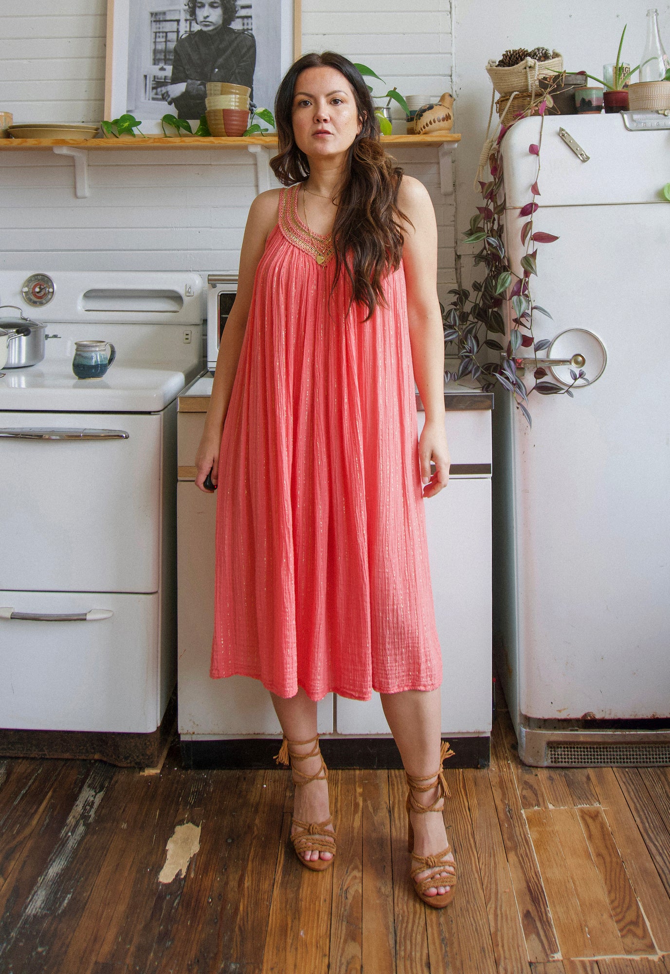 Idylwild - 1970's Greek Isles Pink and Gold Gauze Dress Idylwild - 1970's Greek Isles Pink and Gold Gauze Dress