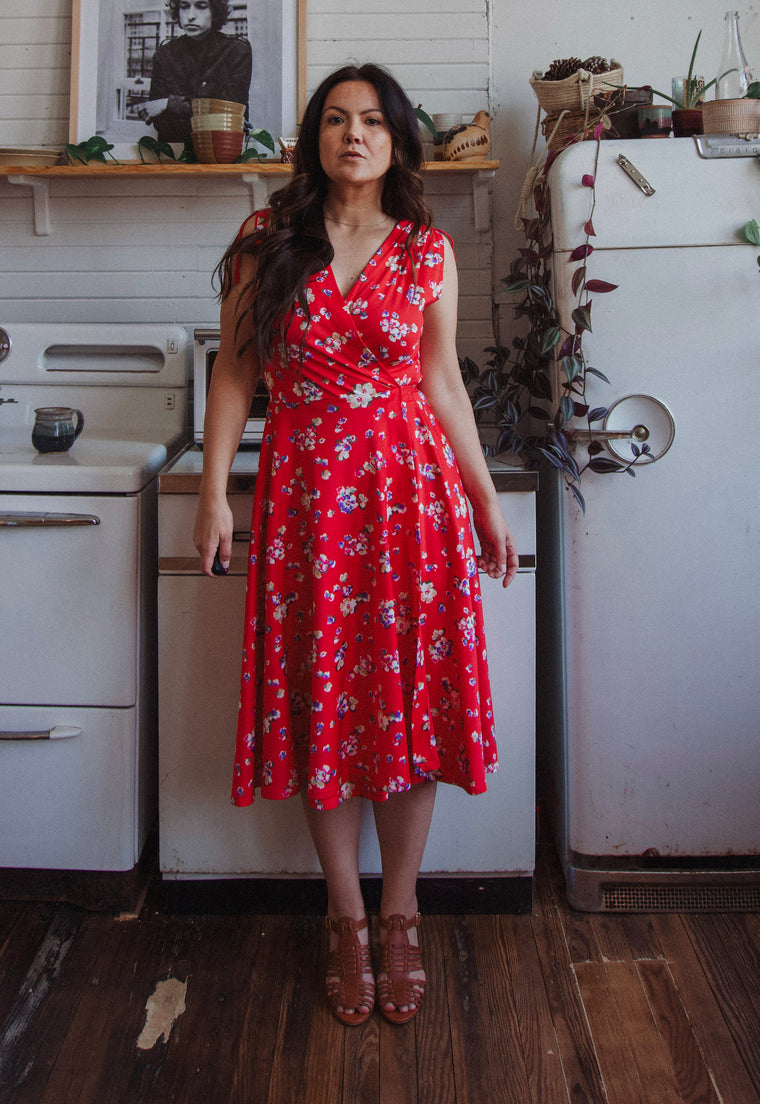 Vintage 70's Bright Red Floral Wrap Dress