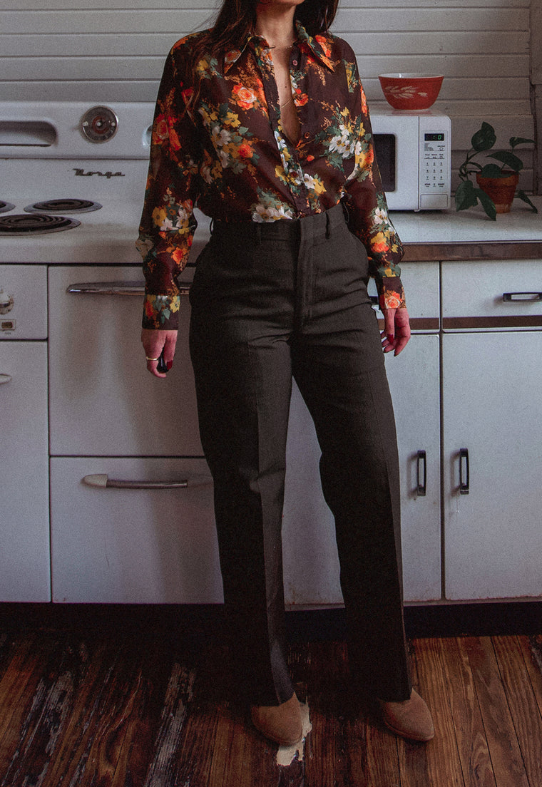 Dark Brown Sheer Floral Vintage Blouse