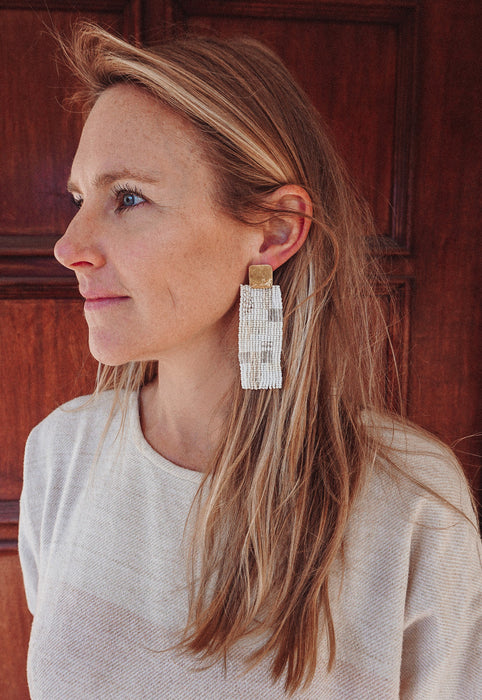 Bribol Monochrome Pearl Beaded Statement Earrings Native American Inspired Modern Art Earrings