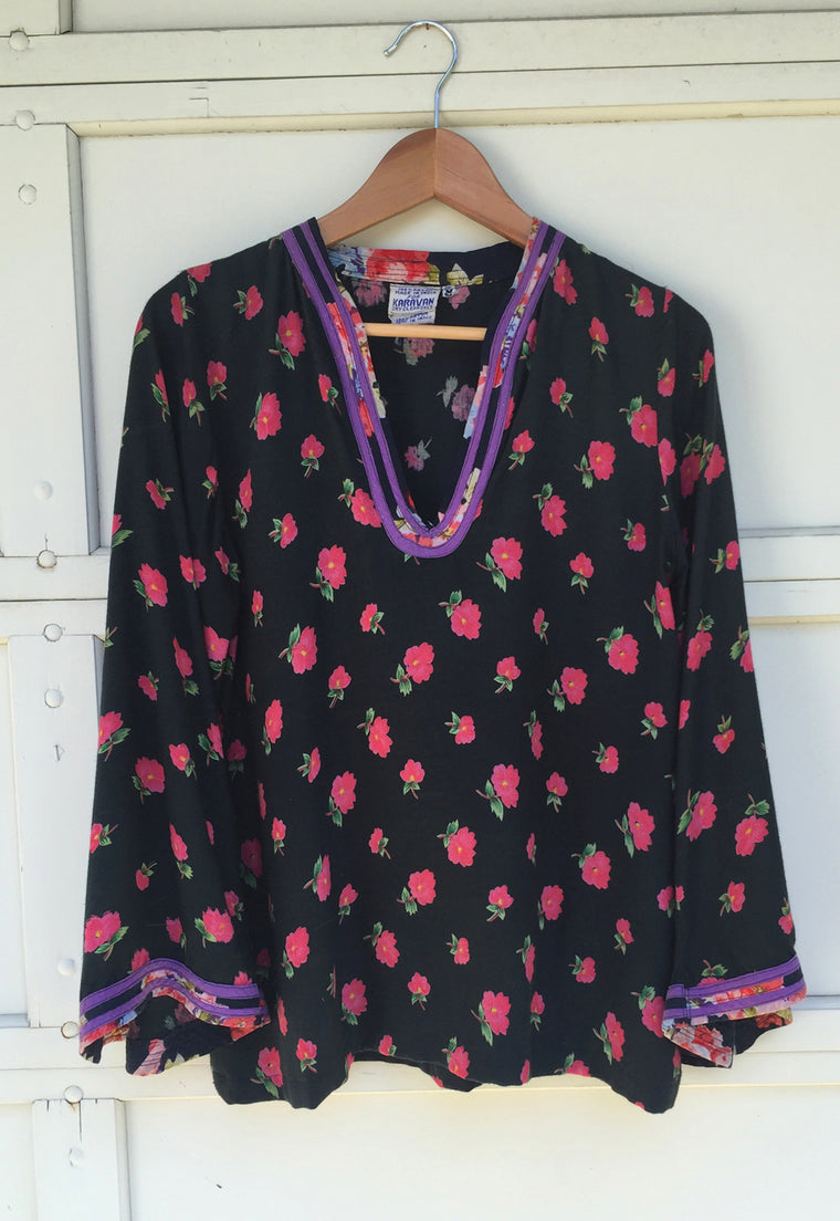 Bell Sleeve Vintage Indian Rayon Floral Blouse Christie Araujo