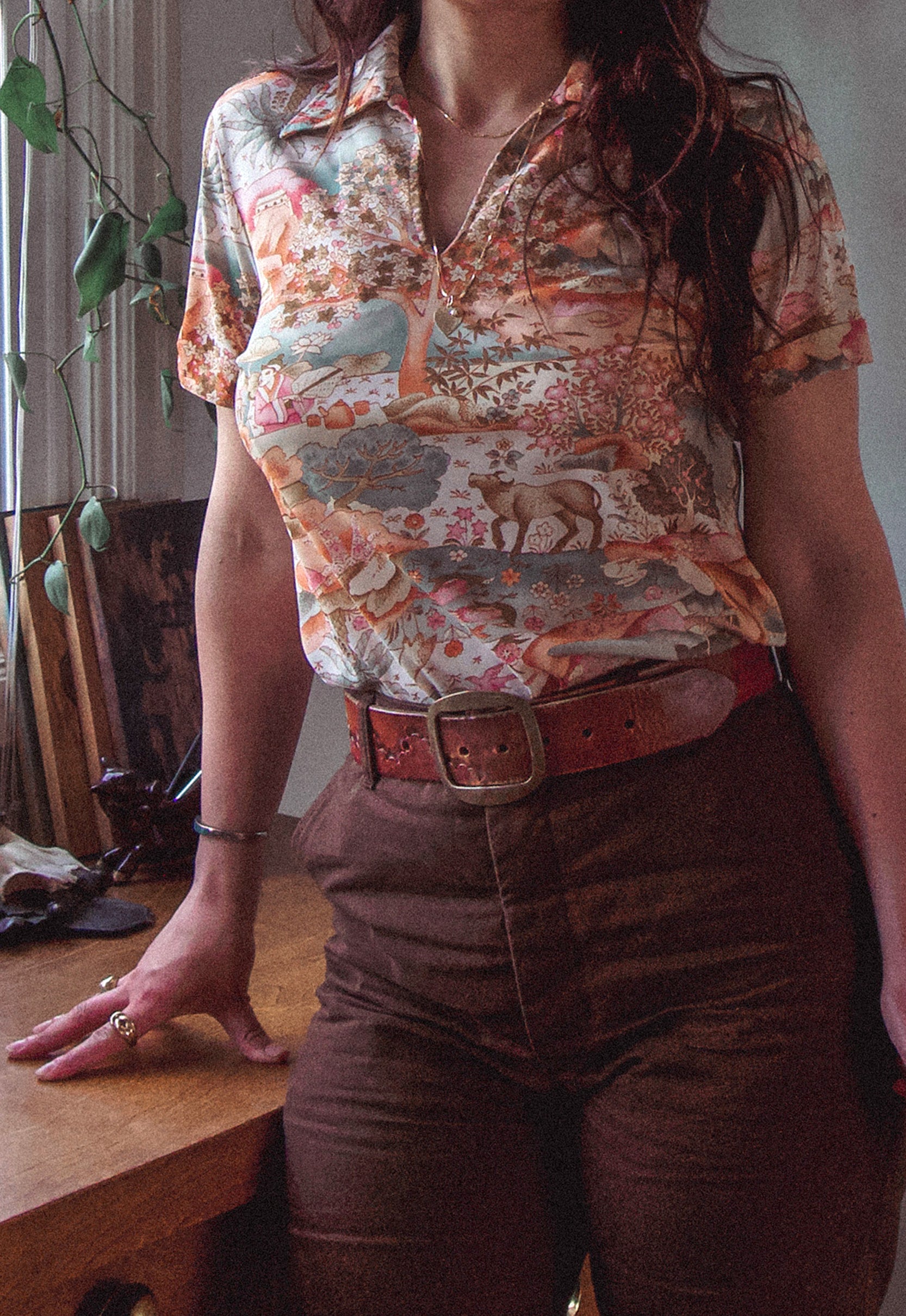 Christie Araujo Idylwild Vintage 70s Asian Print Collared Short Sleeve Shirt