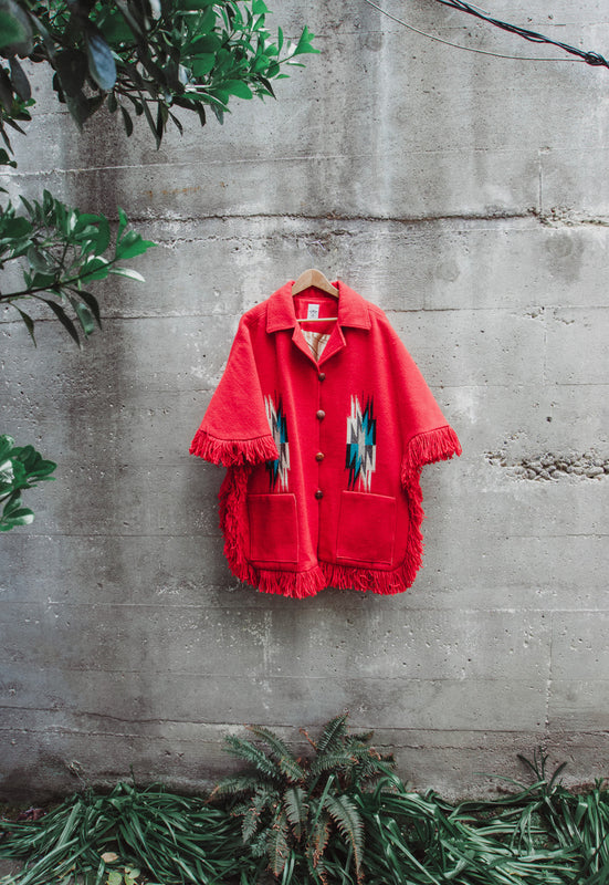 Ortega Chimayo Hand Woven Vintage Wool Fringe Blanket Jacket