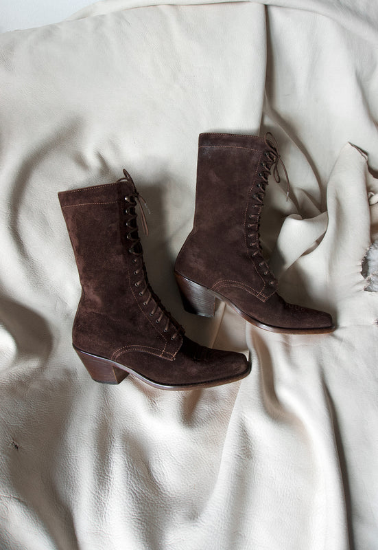 Dark Chocolate Vintage 90's Suede Lace Up Granny Western Boots