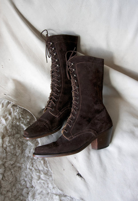 Dark Chocolate Vintage 90's Suede Lace Up Granny Western Boots