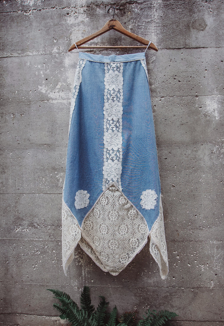 Denim & Lace Vintage Kerchief Hem Country Skirt