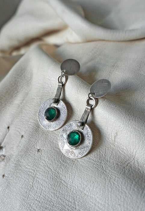 1918 Vintage Moroccan Rial Coin Berber Emerald Green Glass Statement Earrings