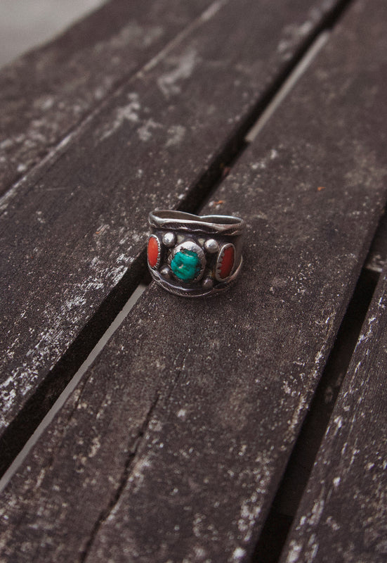 Christie Araujo Idylwild Vintage Turquoise Coral Crown Ring Ancient Relic