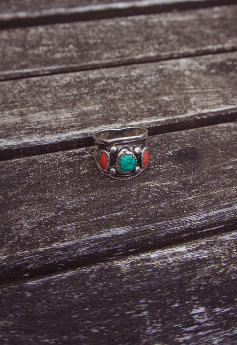 Christie Araujo Idylwild Vintage Turquoise Coral Crown Ring Ancient Relic Native American